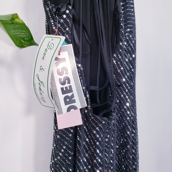 DAVE JOHNNY Dress 4 SMALL Junior Gown Halter Silver Black Maxi Long Bling Mirror - Picture 9 of 13
